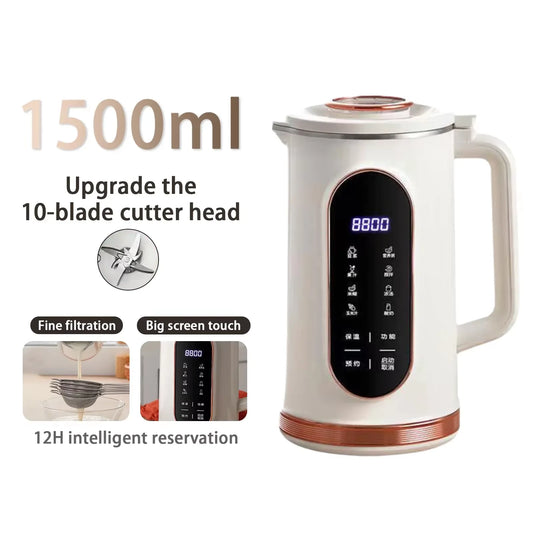 Compact 1.5L Soymilk Machine - 10-Blade Blender for Juices & Plant Milks
