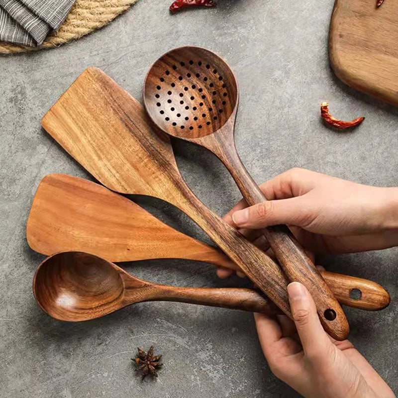 Eco Teak Wood Spatula Set - Non-Scratch Utensils for Nonstick Cookware | NODISHDRAMA